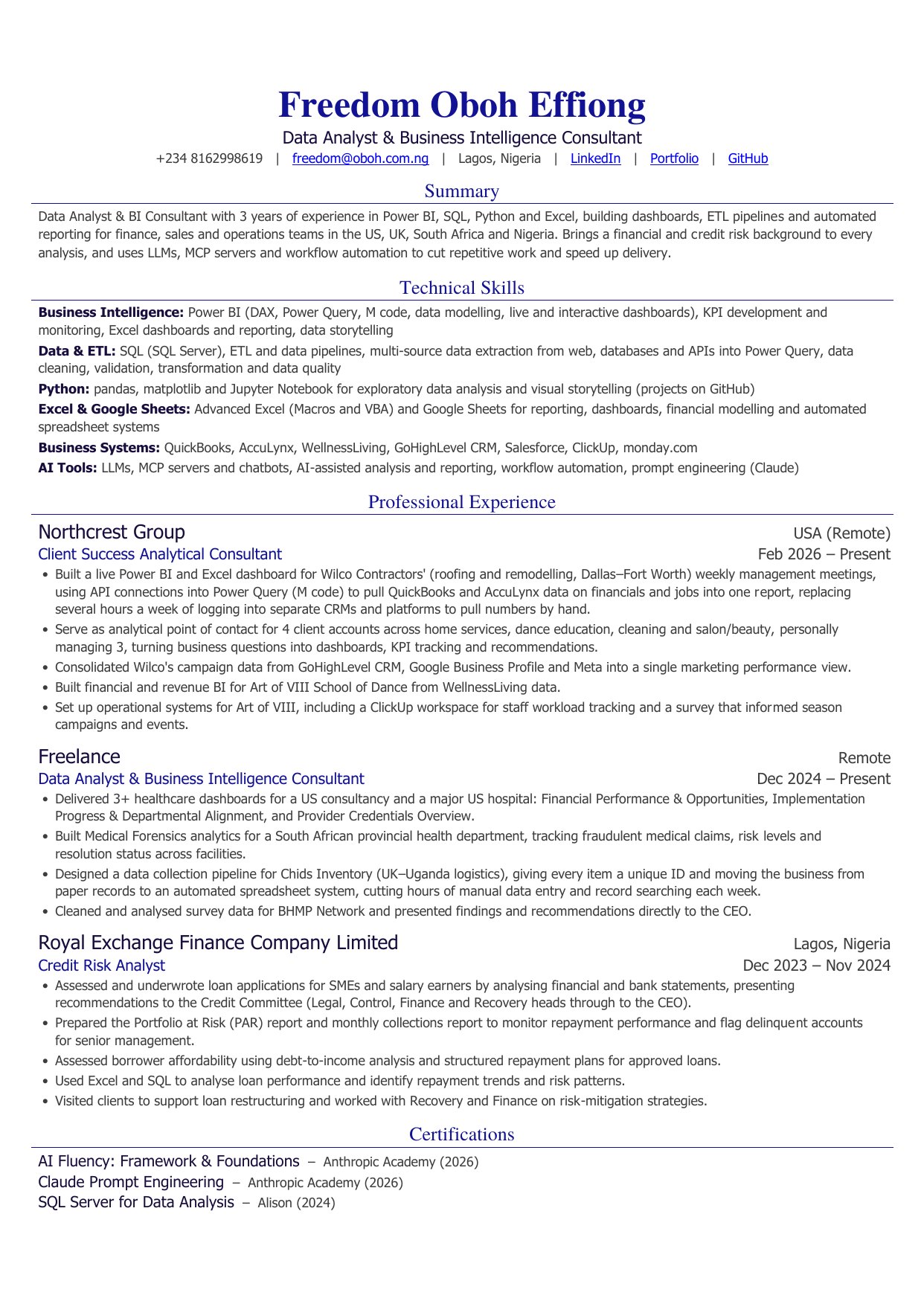CV page 1: summary, technical skills and professional experience